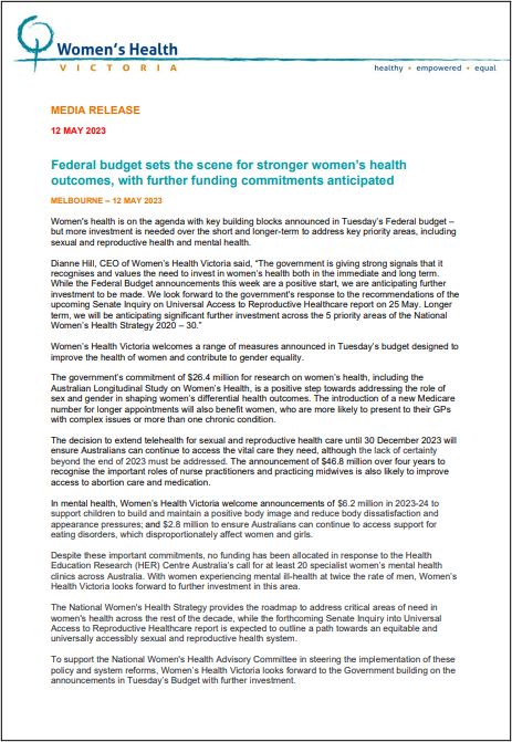 Women s Health Victoria responds to Federal Budget 2023 24