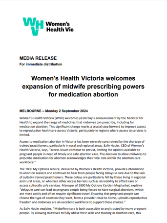 Word document front cover for Media release: Women's Health Victoria welcomes expansion of midwife prescribing powers media release