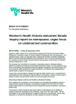 Front page of media release, Women's Health Victoria welcomes Senate Inquiry report on menopause; urges focus on underserved communities. Black text on white background with teal 'WHV' logo on the top left of the page. 